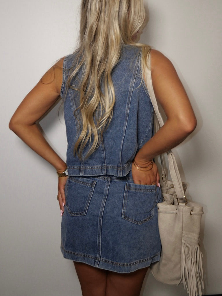 Denim Tie-Front Mini Skirt Set